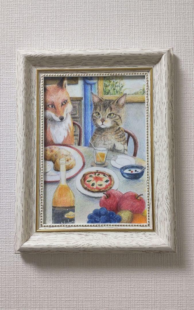 色鉛筆画 キツネと猫の絵画 B6サイズ 色鉛筆画 キツネと猫の絵画